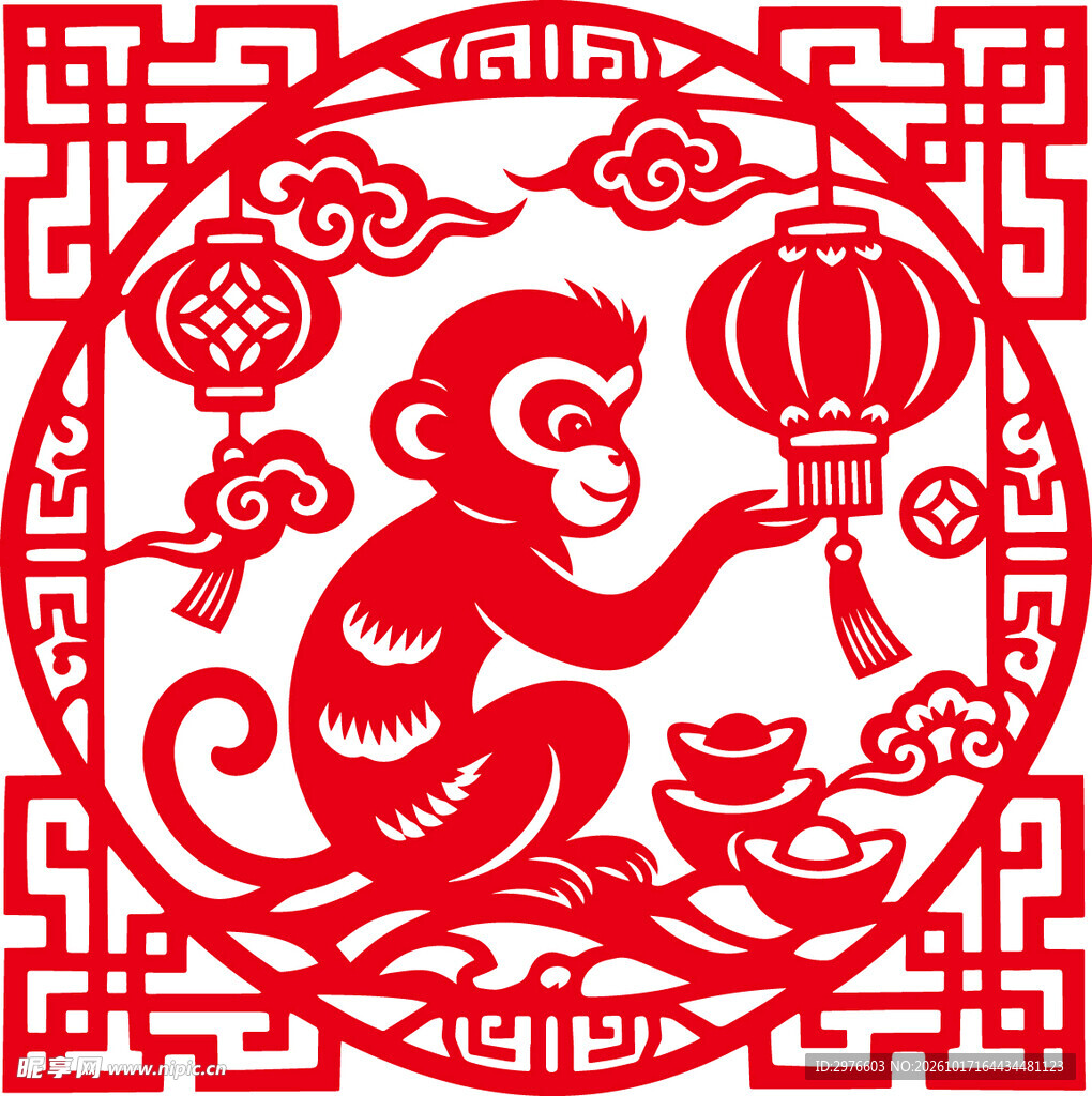 灵猴迎春传统剪纸
