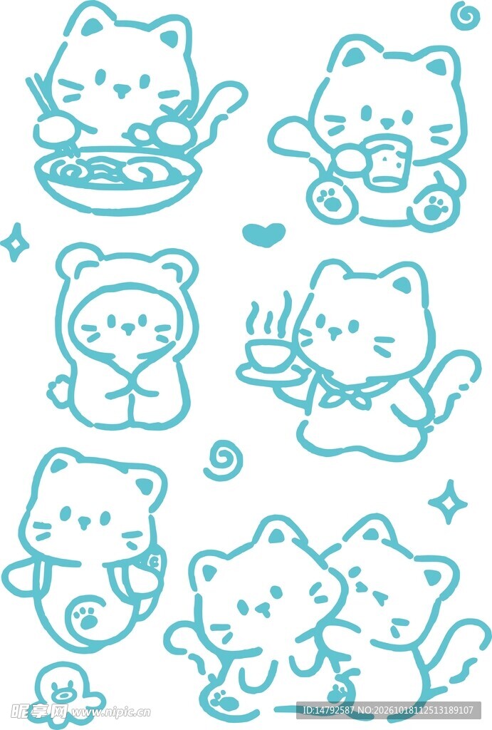 萌趣小猫线稿手账素材