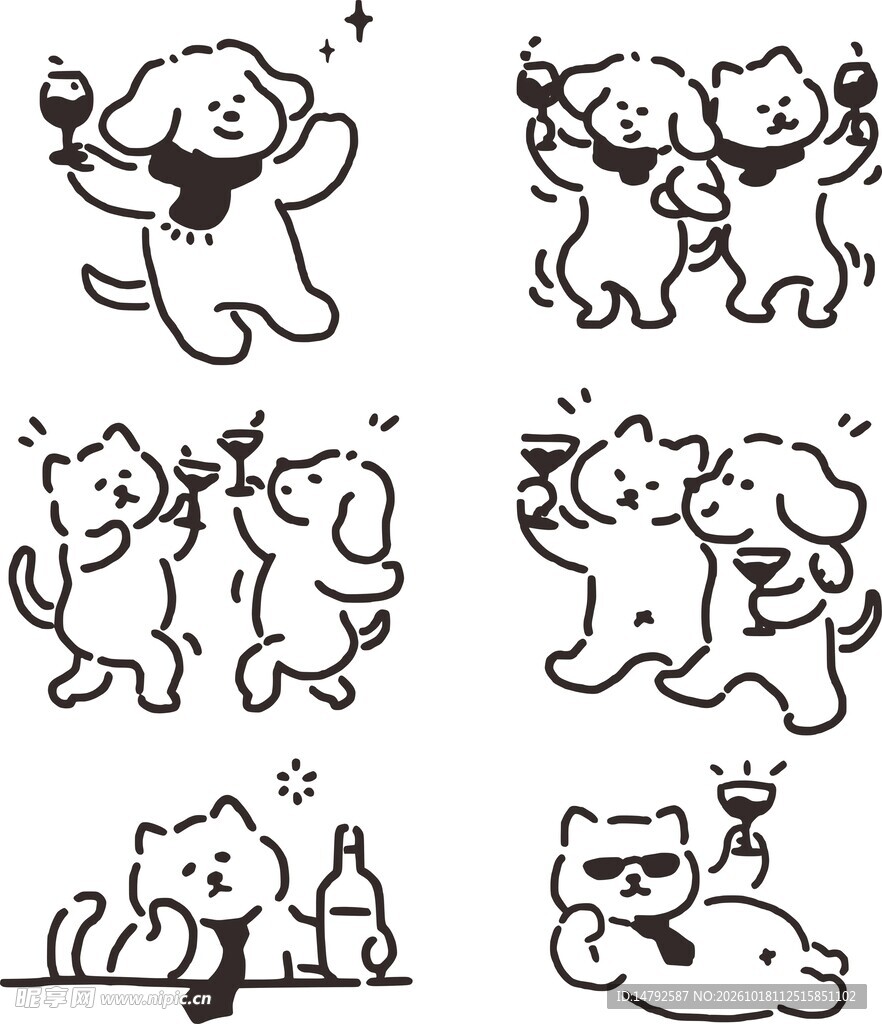 可爱猫狗举杯庆祝简笔插画