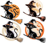 万圣节黑猫女巫插画