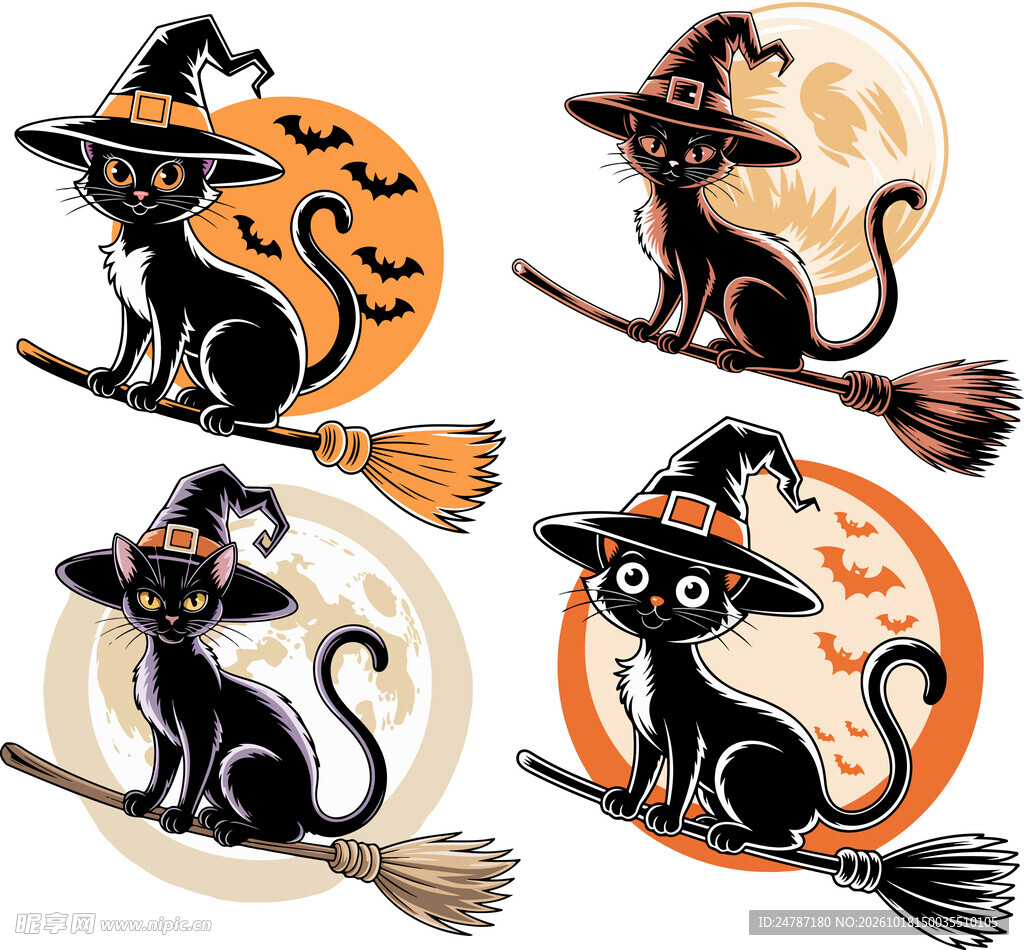 万圣节黑猫女巫插画