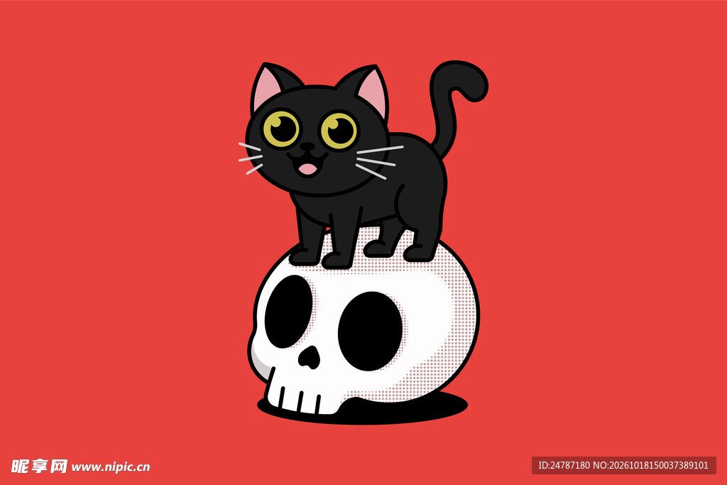 站在骷髅上的小黑猫