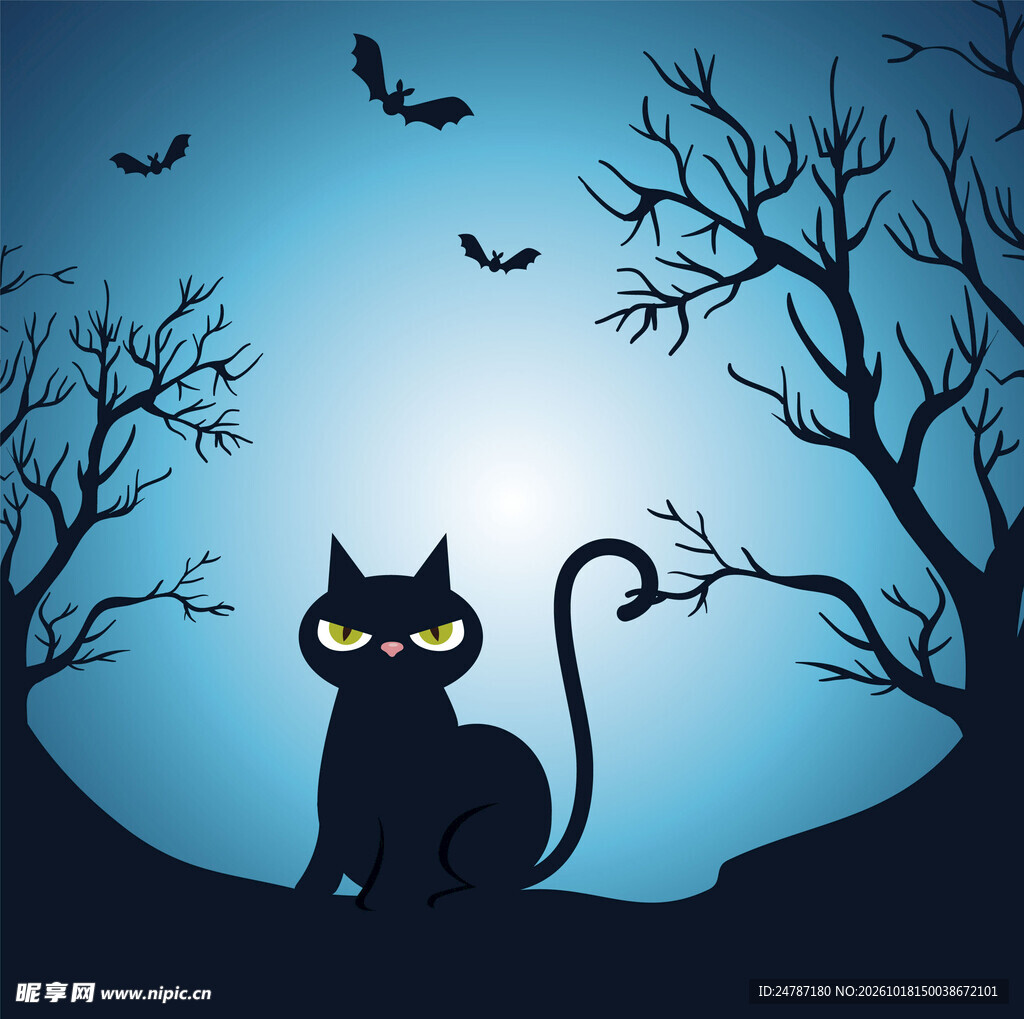 万圣节暗夜黑猫插画