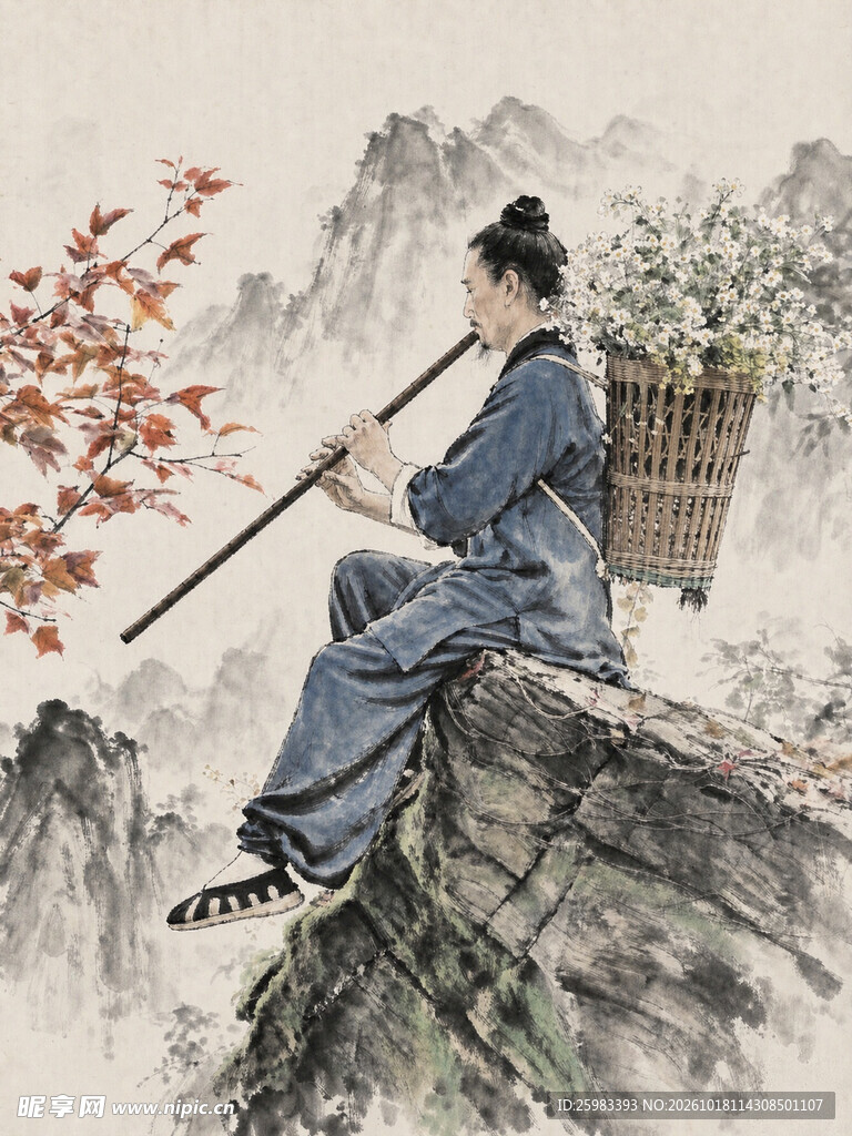采药吹笛图