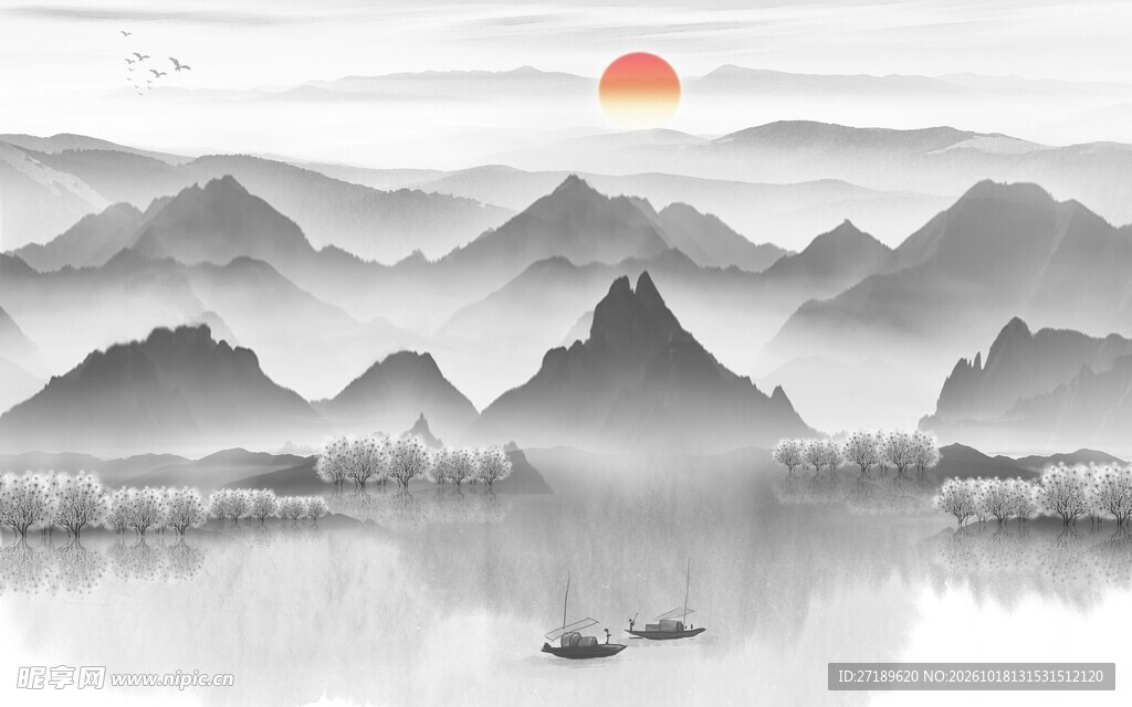 水墨山水日出意境图
