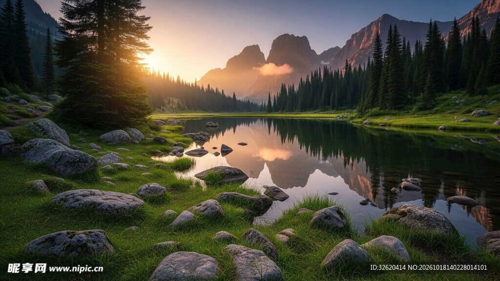 山林湖泊日出美景