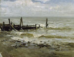 海岸残桩风景油画