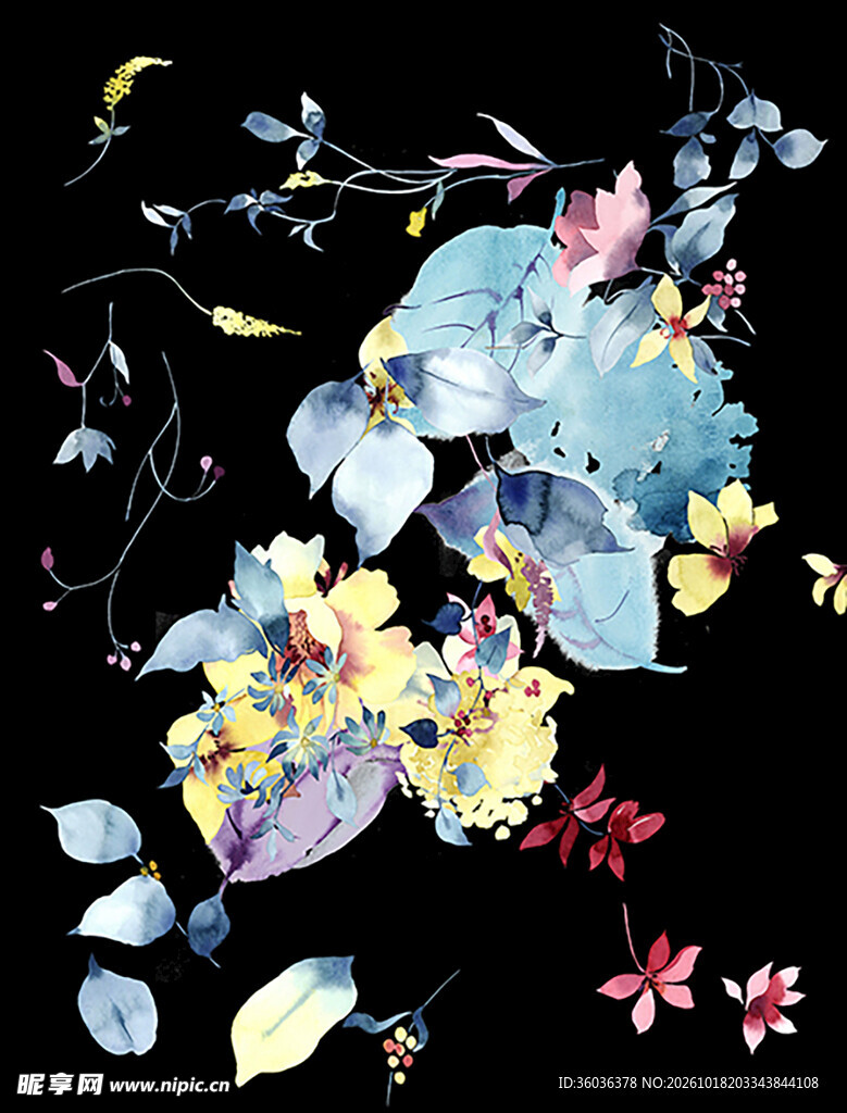 黑底水彩花卉插画