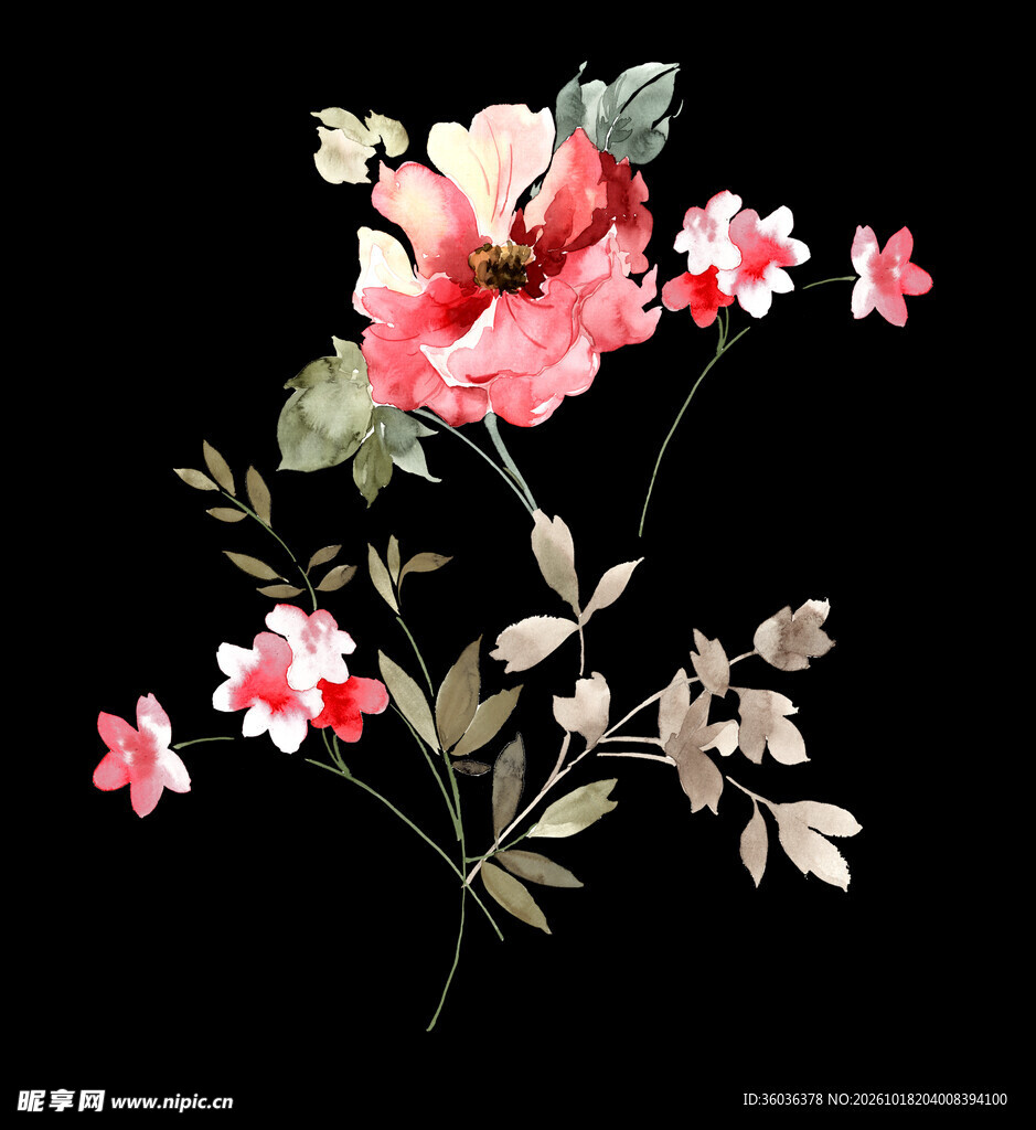 黑底水彩手绘花束