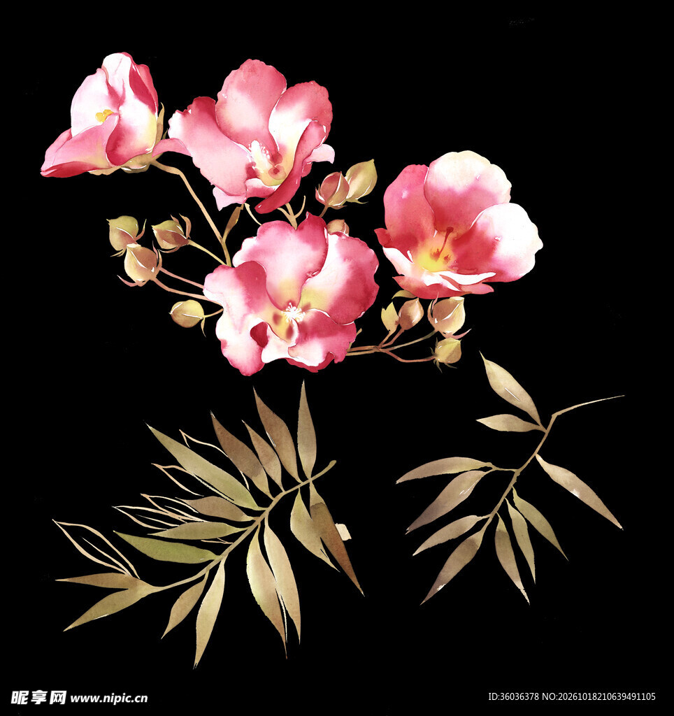 轻奢粉花金叶装饰图案