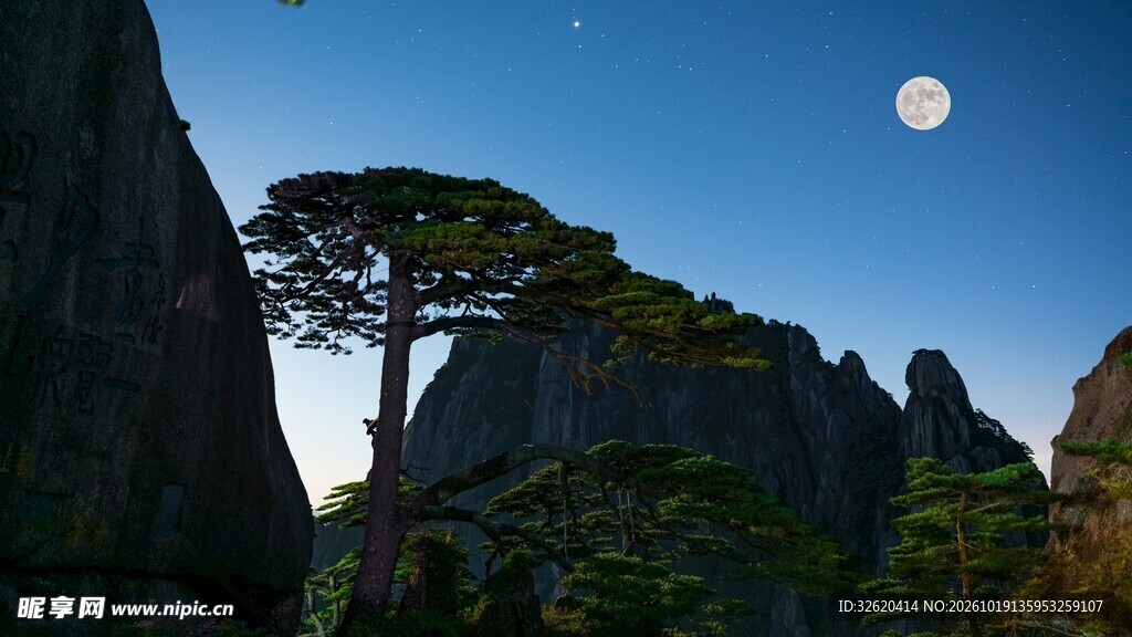 黄山月夜迎客松