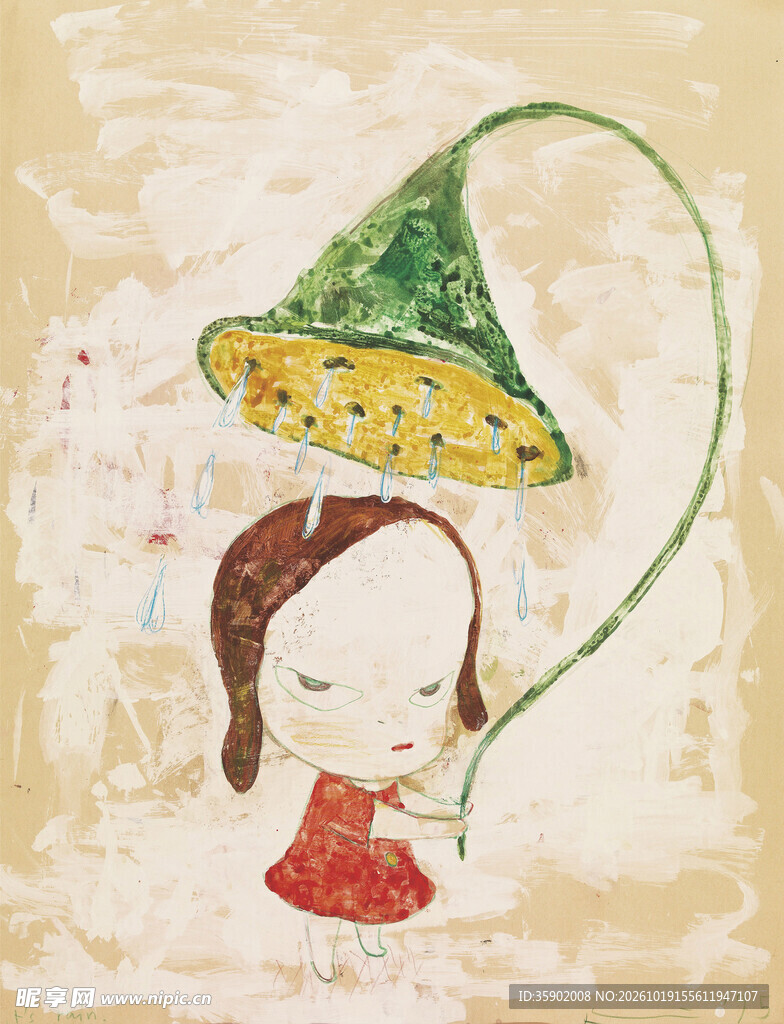 手绘童趣撑伞小女孩