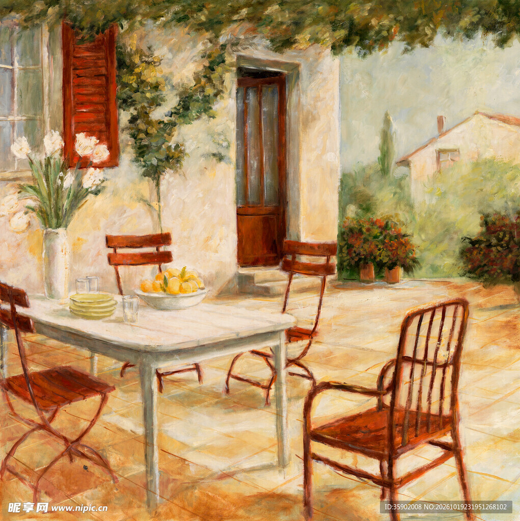夏日乡村庭院露台油画