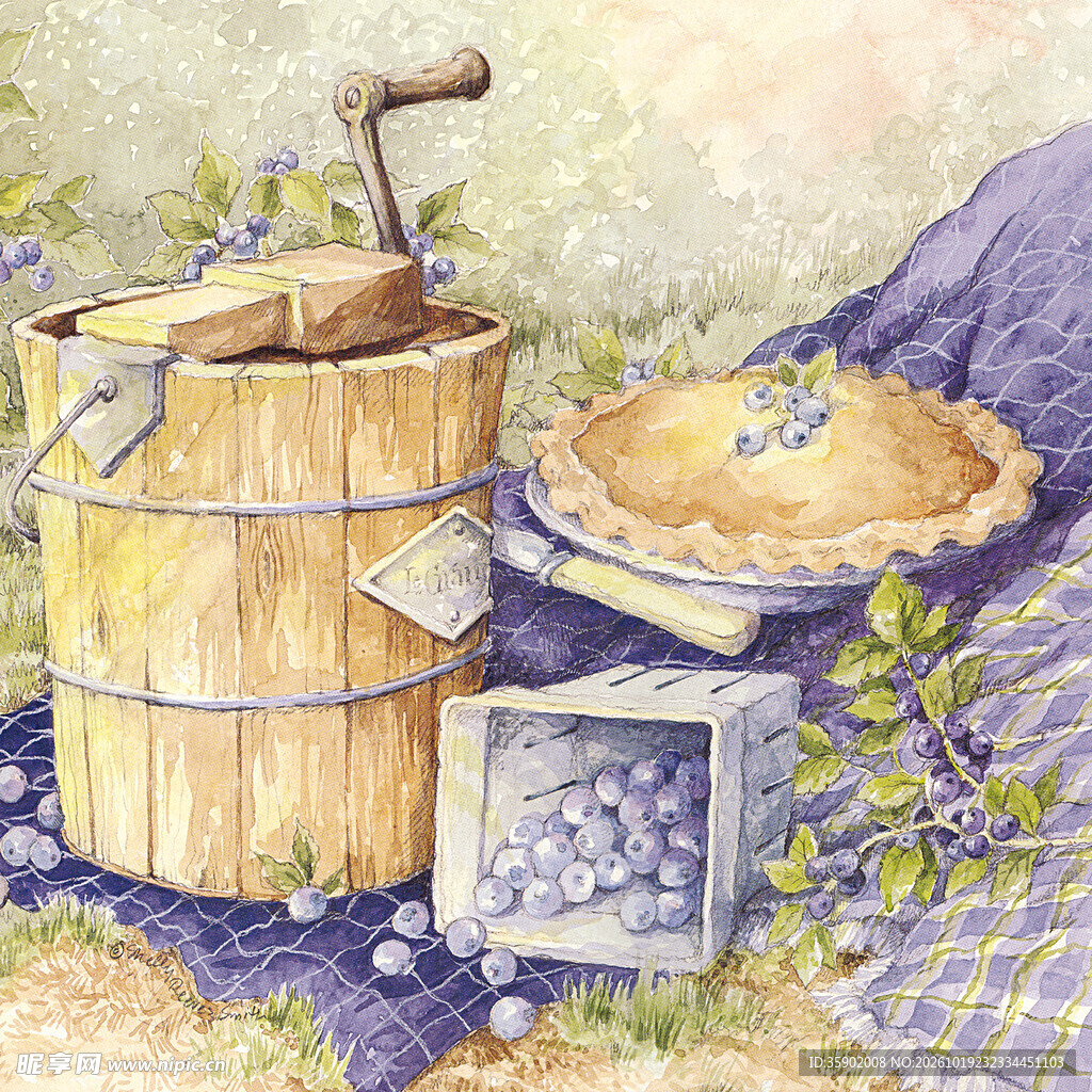 复古蓝莓美食静物插画