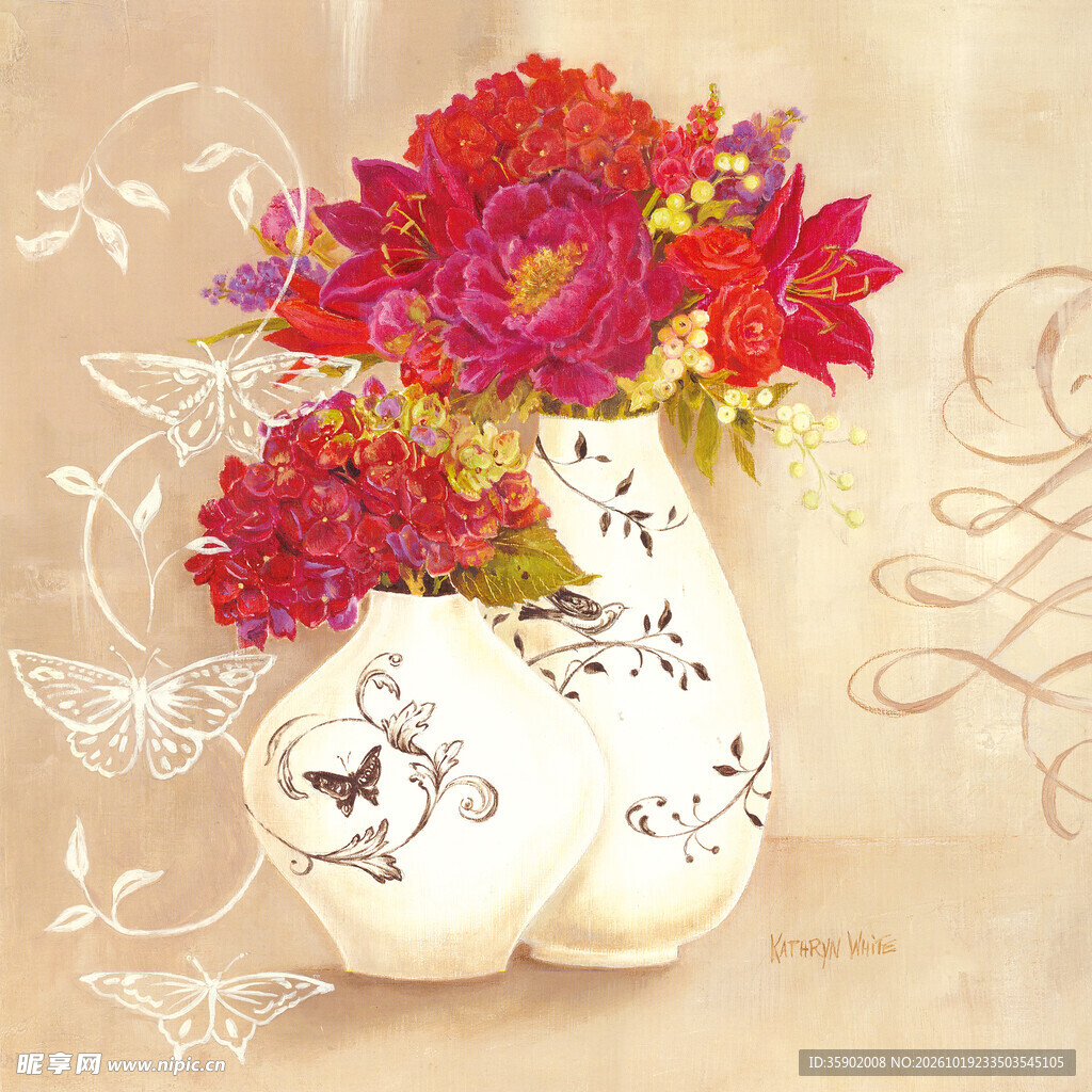 复古花瓶花艺装饰画