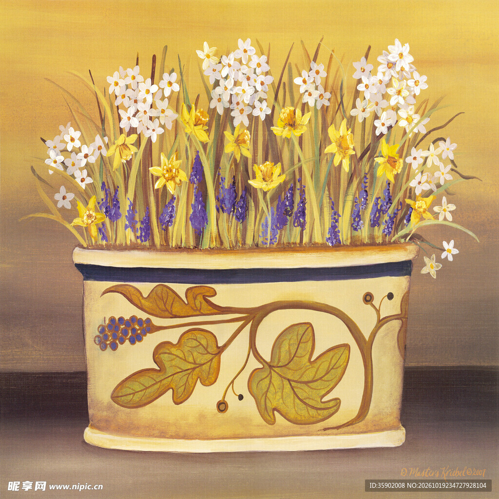复古盆花静物插画