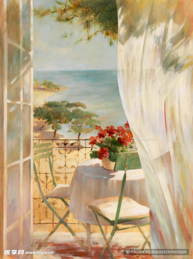 海滨露台窗景油画