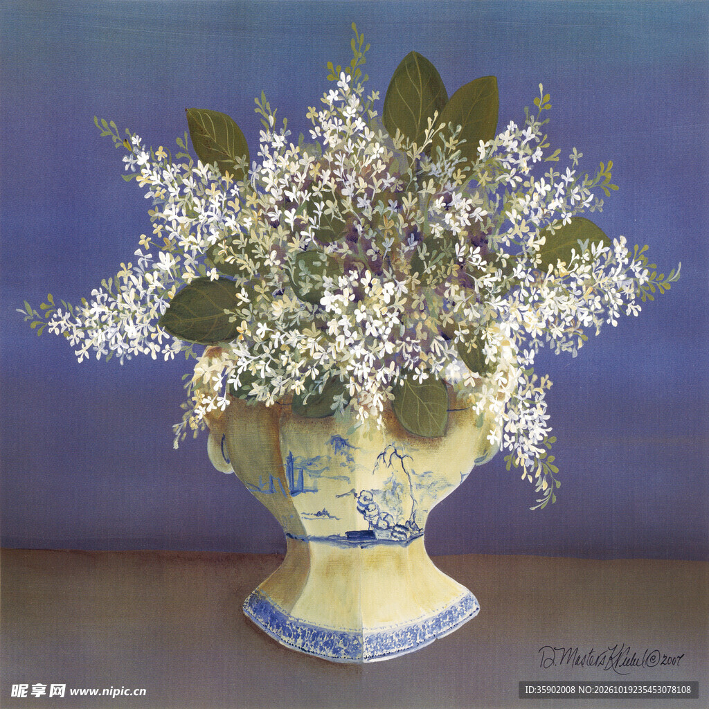 瓶中白花静物油画