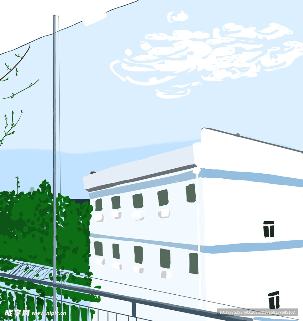 校园教学楼风景插画