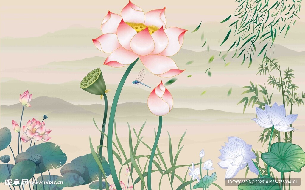 国风工笔荷花图