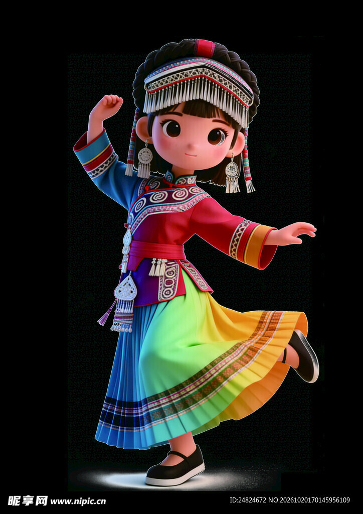 跳民族舞的卡通小女孩 彝族少女