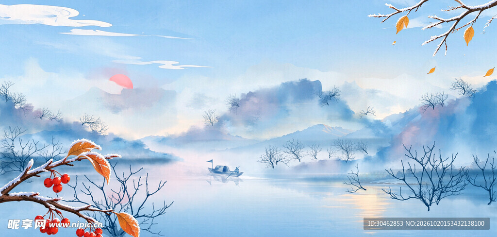 秋日湖山水彩风景