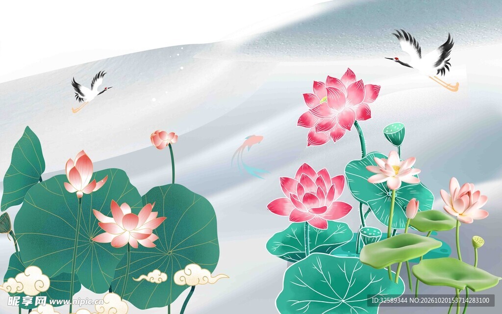 荷塘飞燕国风插画