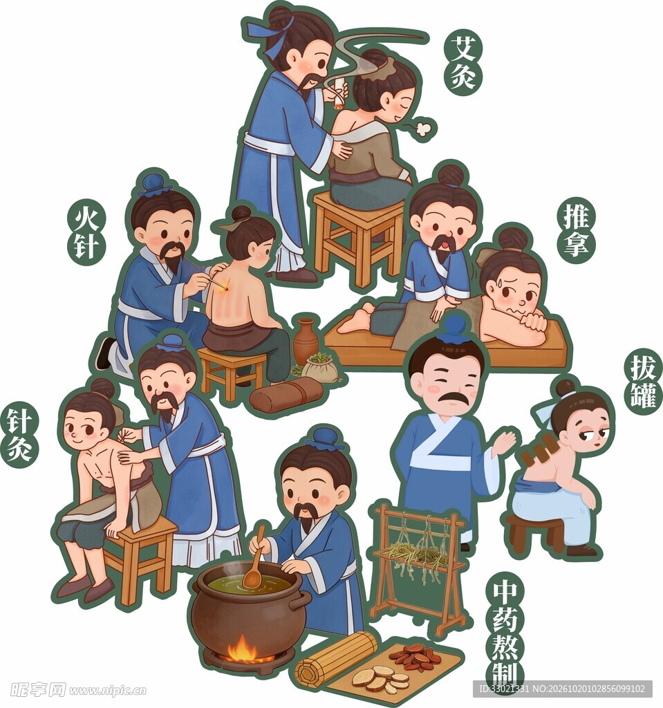 古代中医疗法卡通插画
