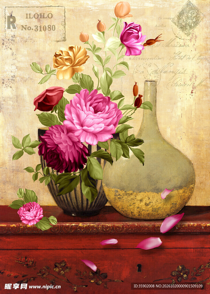 复古玫瑰瓶花静物画
