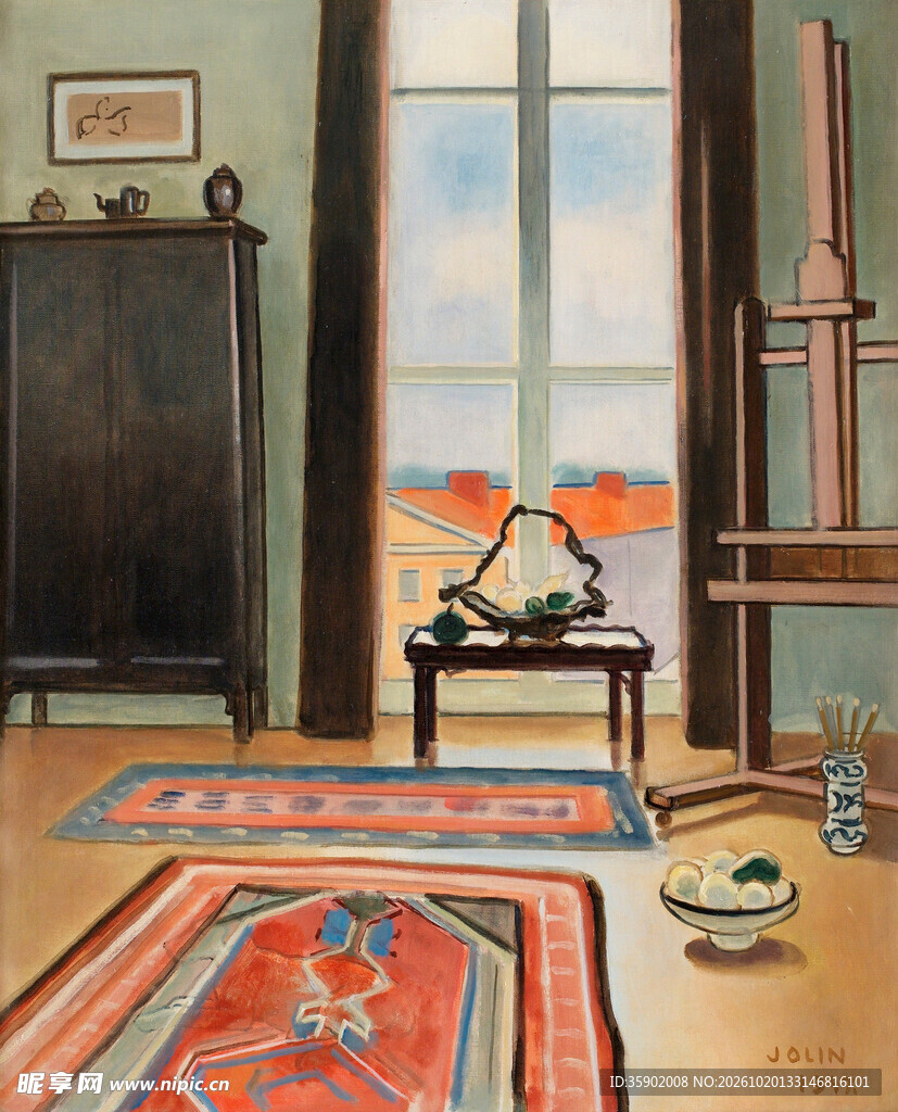 复古画室室内场景插画