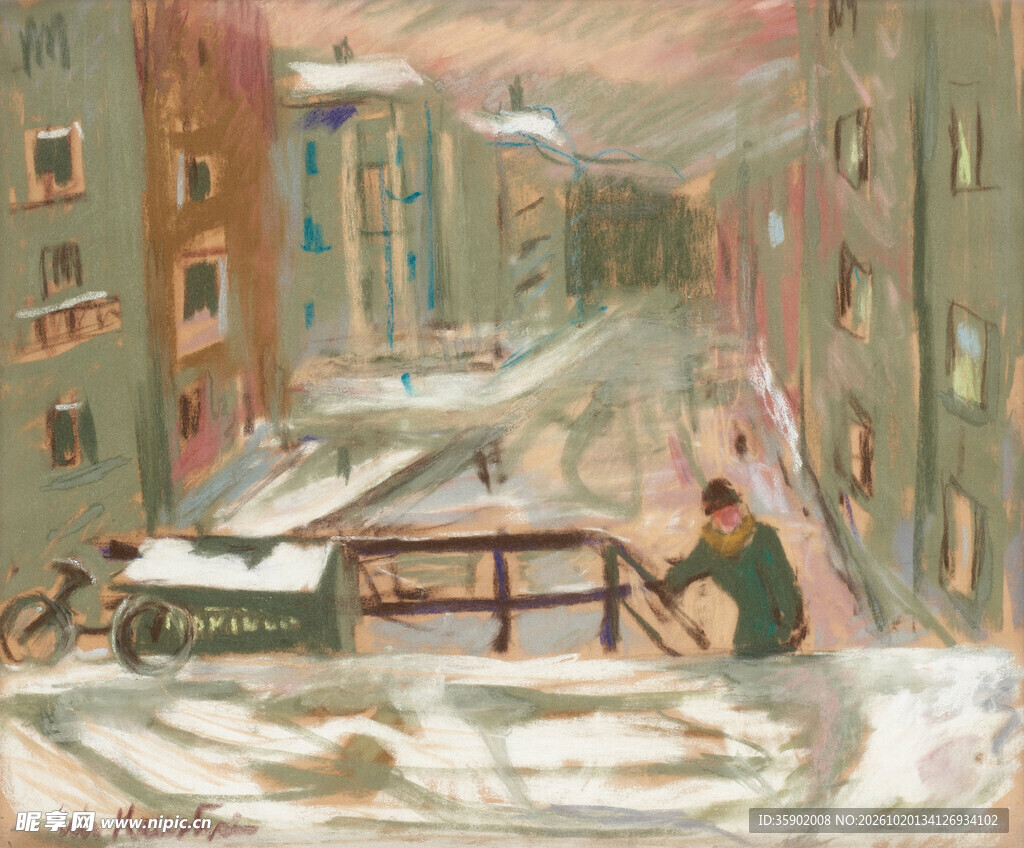 冬日城市雪景油画