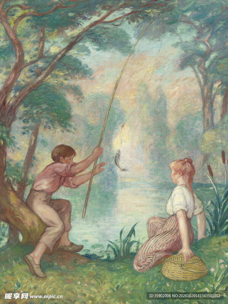 孩童湖畔垂钓油画