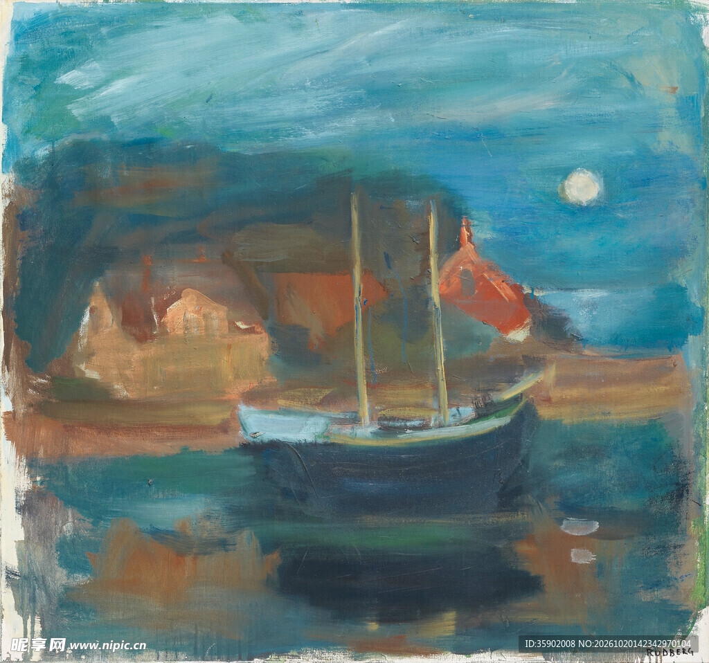 月夜泊船海景油画