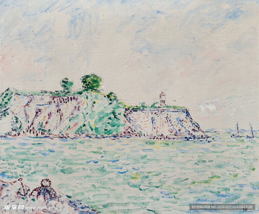 海边岛屿点彩风景油画
