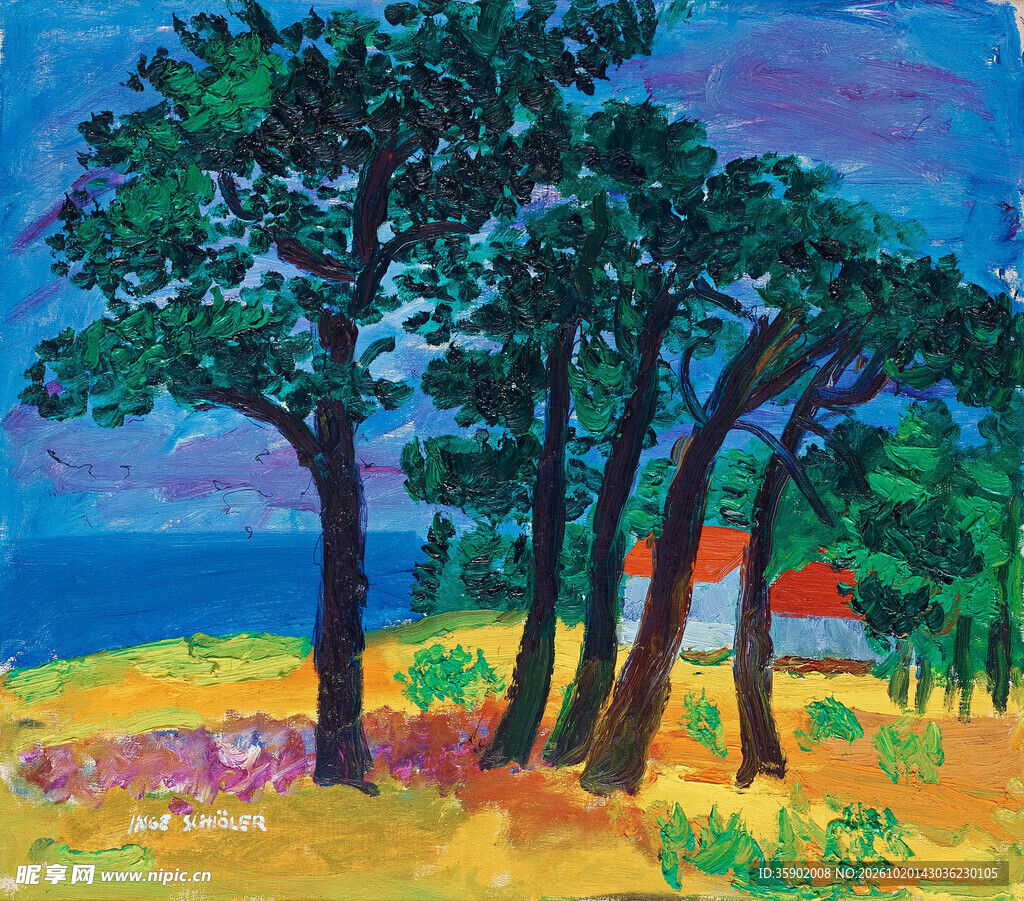 郊野树林风景油画