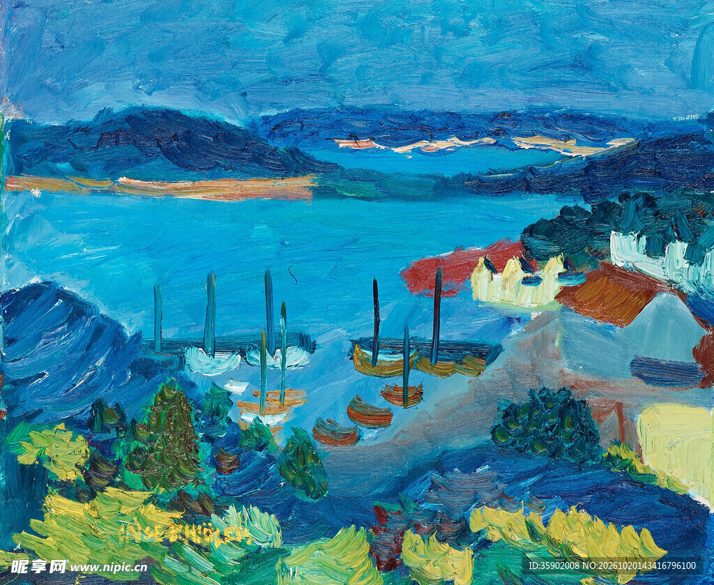 湖畔港湾风景油画