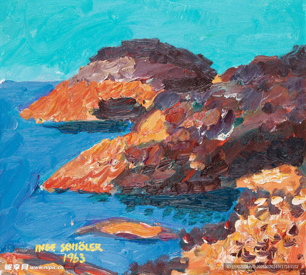 海岸礁石风景油画