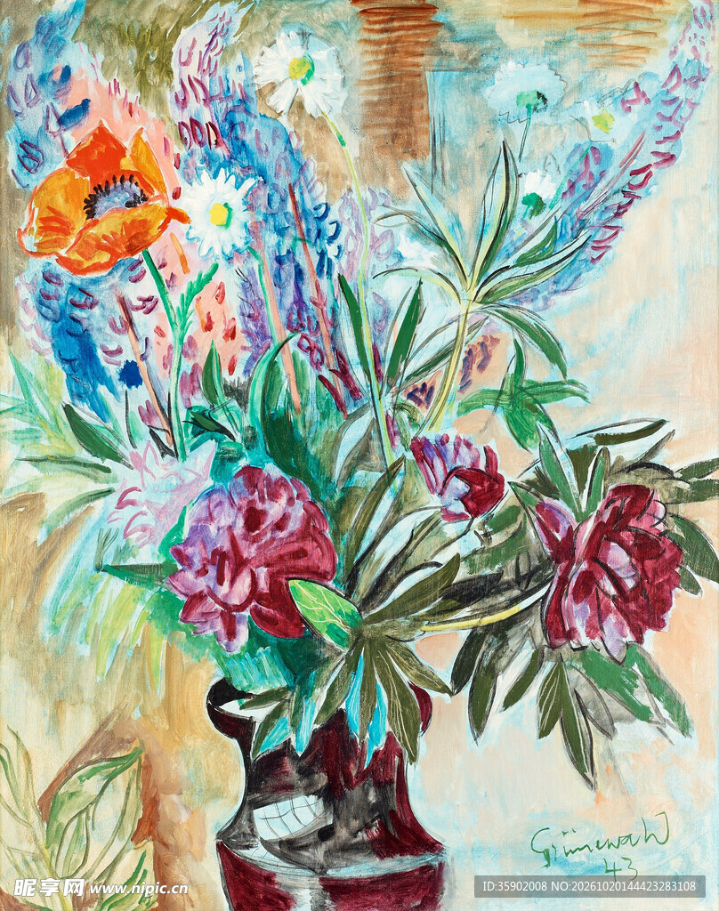 瓶插花卉静物油画