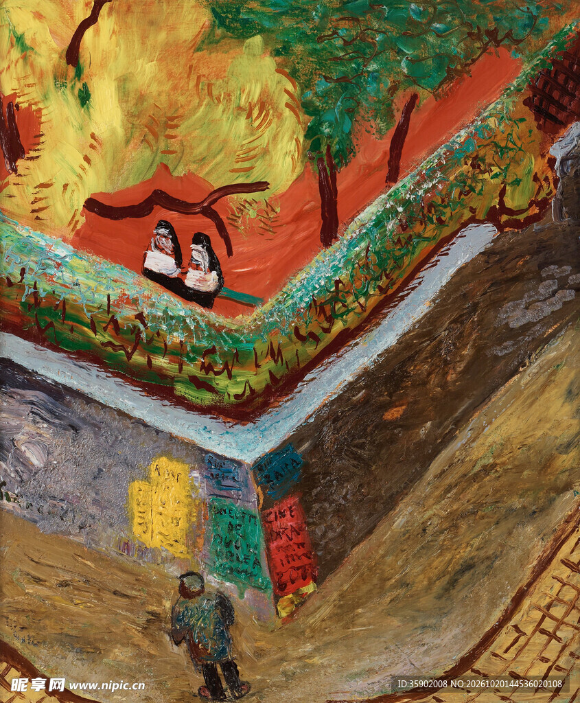 古建屋顶风景油画