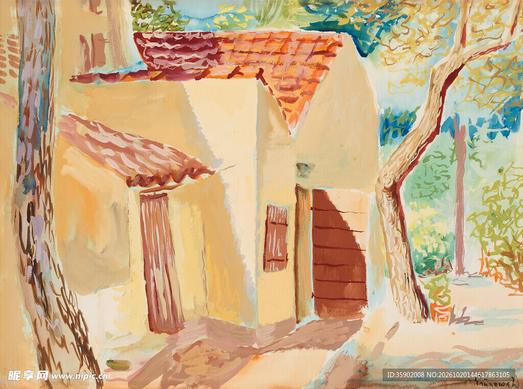 水彩乡村小屋风景