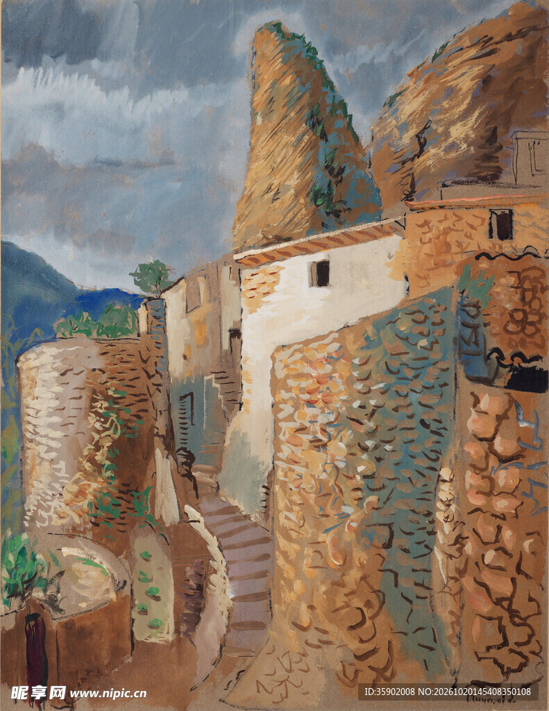 古村石屋风景油画