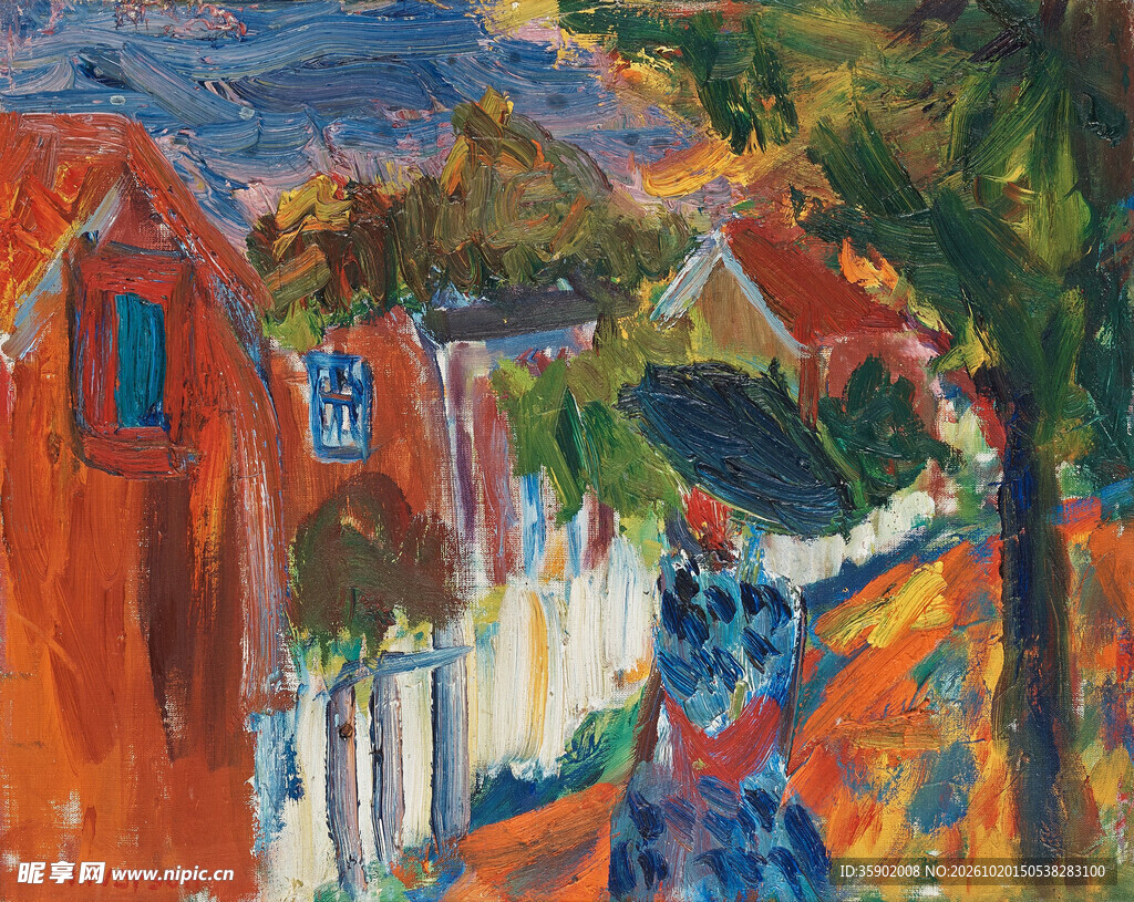 乡村红屋风景油画