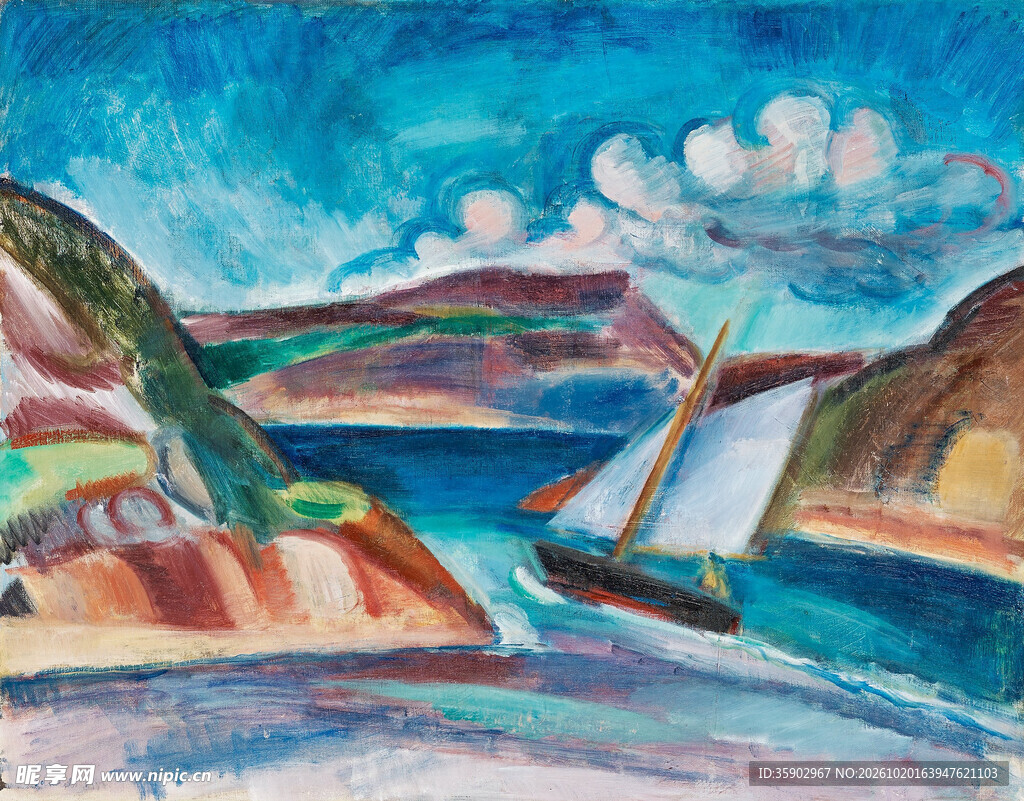 海湾帆船风景油画