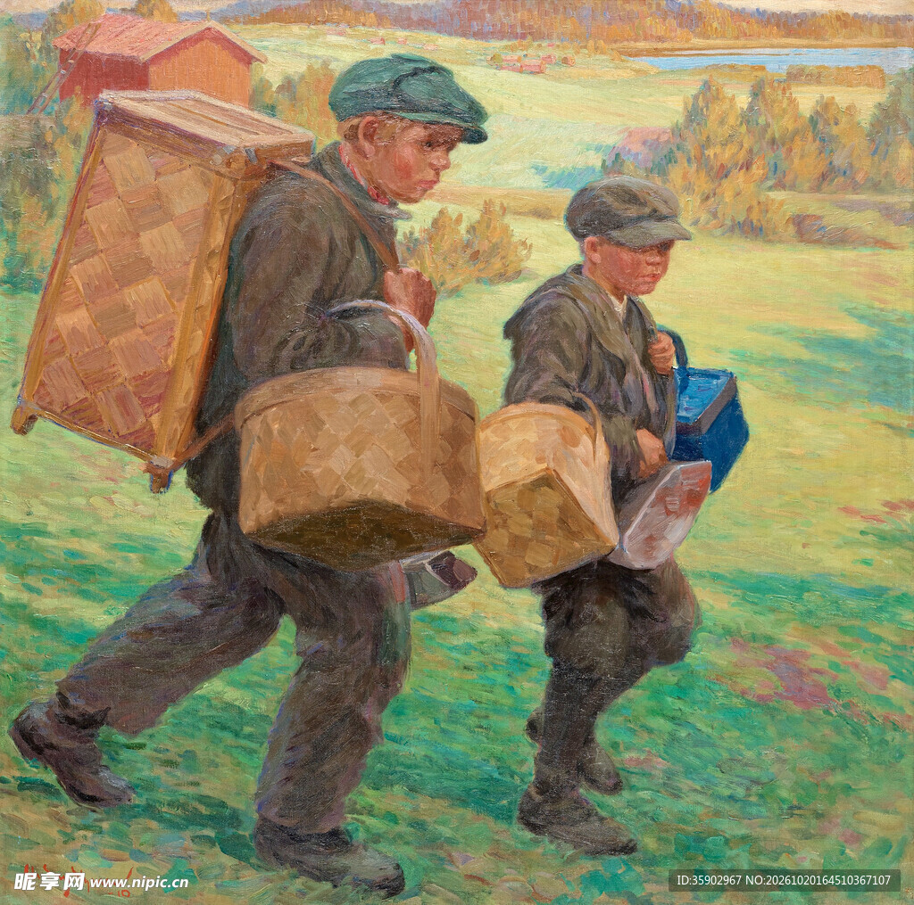 负重赶路的行旅人物油画