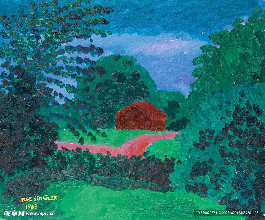 林间红屋风景油画