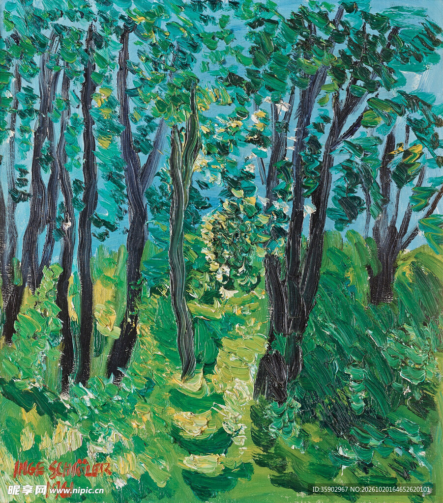 林间绿意风景油画
