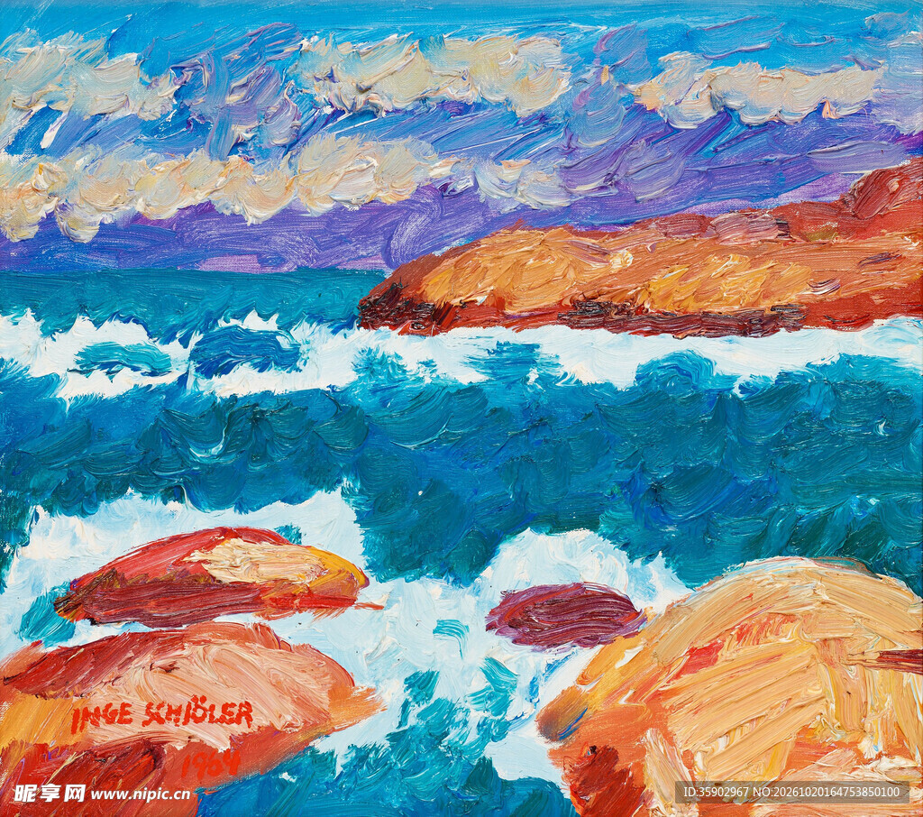 海岸礁石风景油画