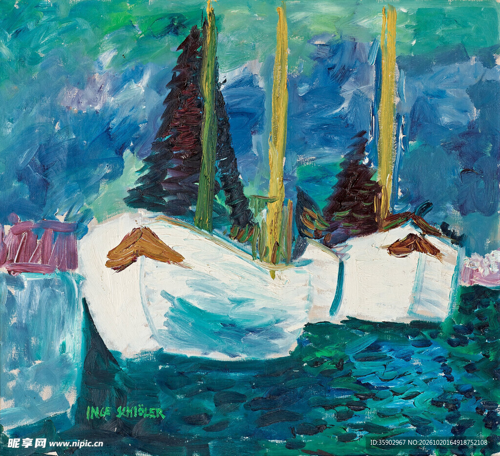 水岸小屋风景油画