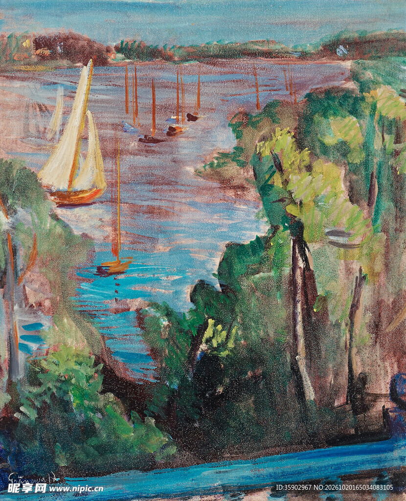 河畔帆船风景油画