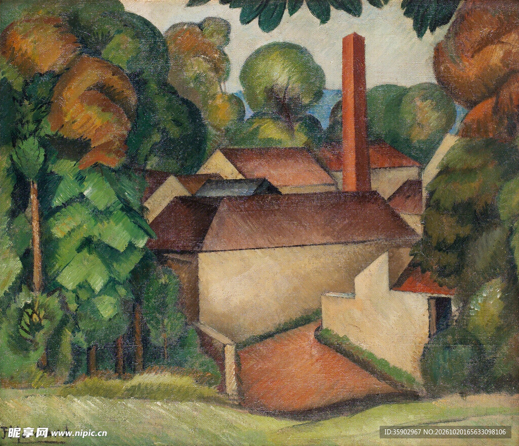 林间小屋风景油画
